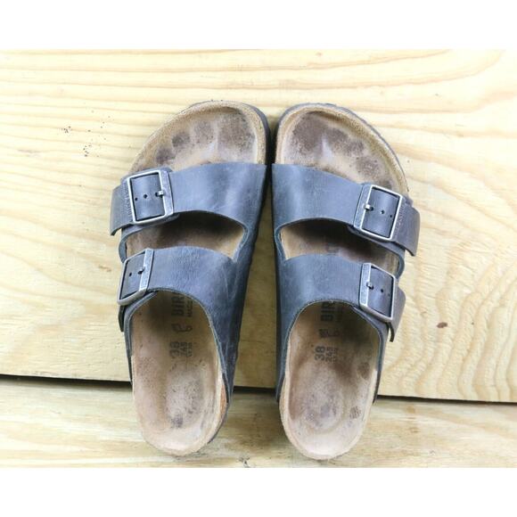 Birkenstock Sandals Womens 7 Black Gray Faded Leather Arizona 2 Buckle 38 Slide - Picture 5 of 7